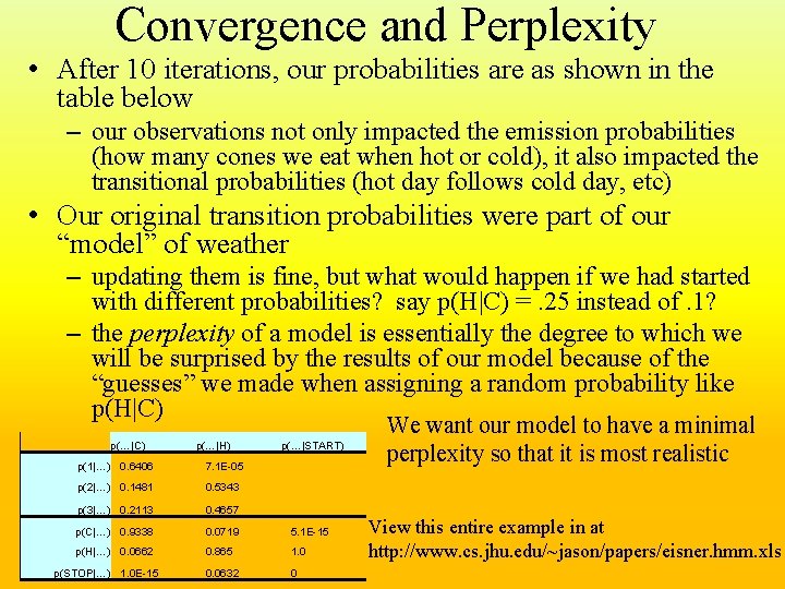 Convergence and Perplexity • After 10 iterations, our probabilities are as shown in the