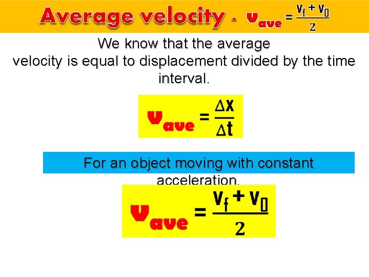 We know that the average velocity is equal to displacement divided by the We know that the average velocity is equal to displacement divided by the