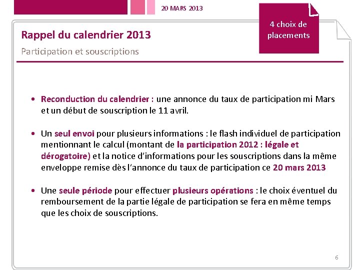 20 MARS 2013 Rappel du calendrier 2013 4 choix de placements Participation et souscriptions