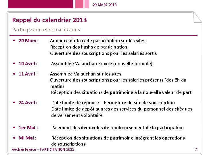 20 MARS 2013 Rappel du calendrier 2013 Participation et souscriptions • 20 Mars :