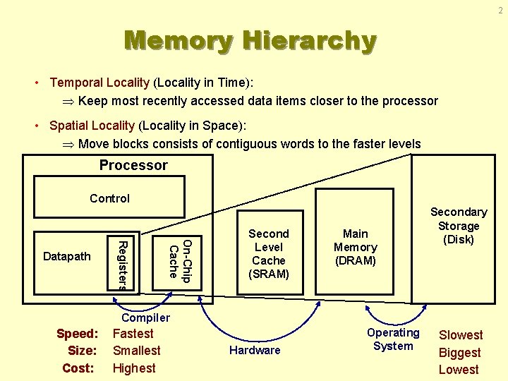 2 Memory Hierarchy • Temporal Locality (Locality in Time): Keep most recently accessed data