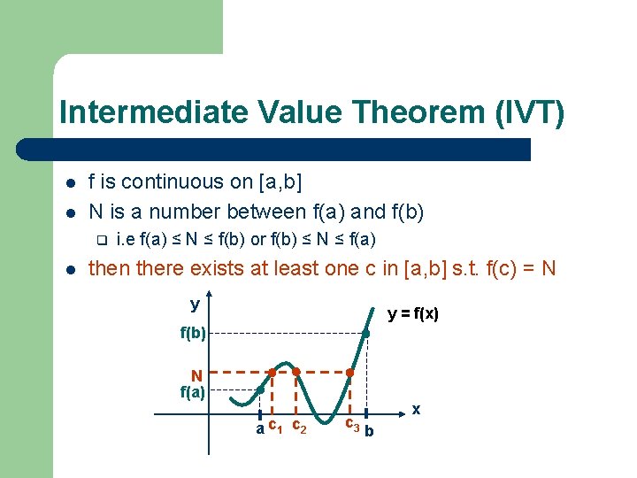 Intermediate Value Theorem (IVT) l l f is continuous on [a, b] N is