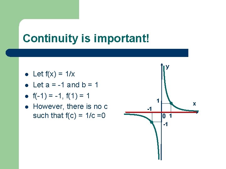 Continuity is important! y l l Let f(x) = 1/x Let a = -1