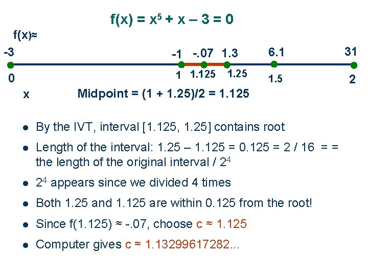 f(x) = x 5 + x – 3 = 0 f(x)≈ -3 -1 -.