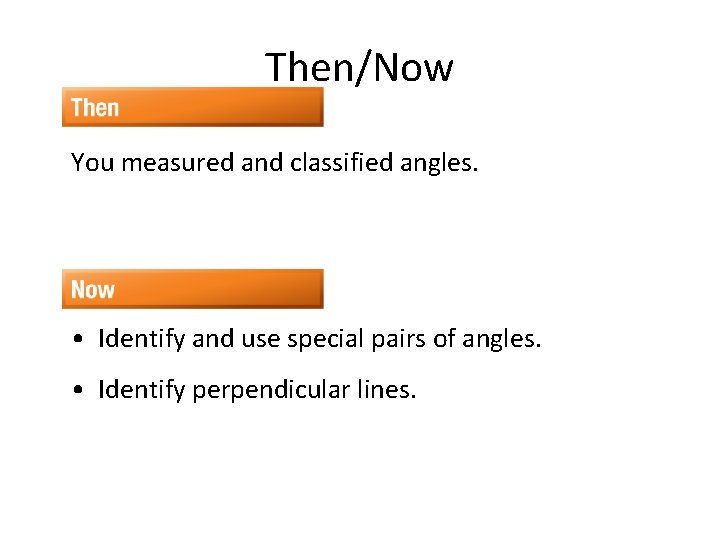 Then/Now You measured and classified angles. • Identify and use special pairs of angles.