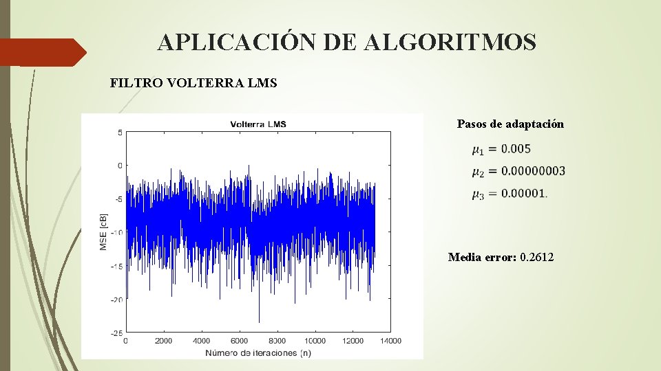 APLICACIÓN DE ALGORITMOS FILTRO VOLTERRA LMS Pasos de adaptación Media error: 0. 2612 