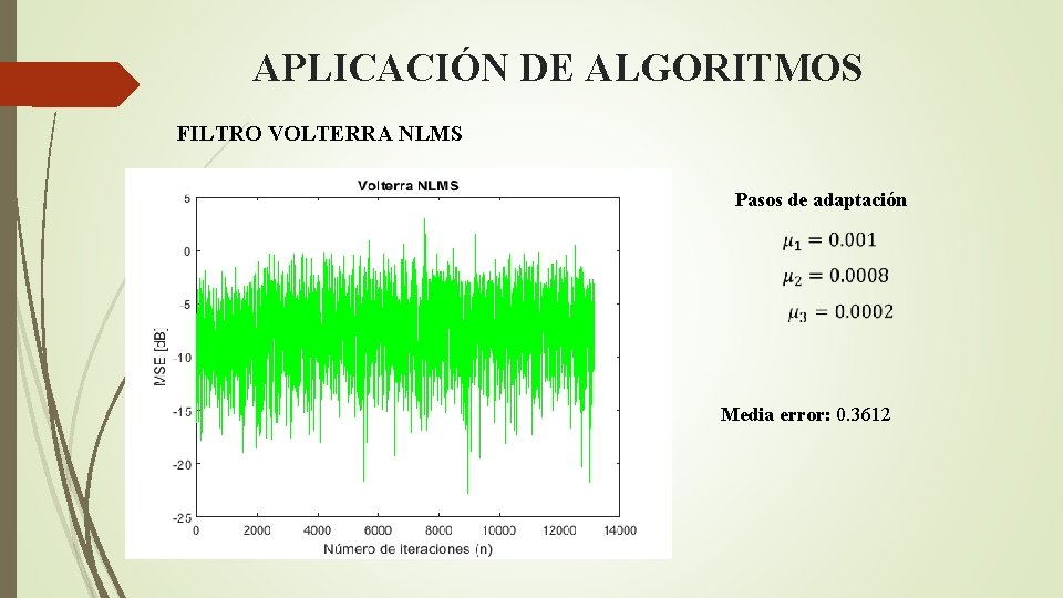 APLICACIÓN DE ALGORITMOS FILTRO VOLTERRA NLMS Pasos de adaptación Media error: 0. 3612 