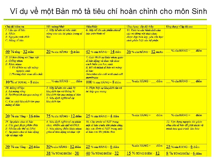 Ví dụ về một Bản mô tả tiêu chí hoàn chỉnh cho môn Sinh