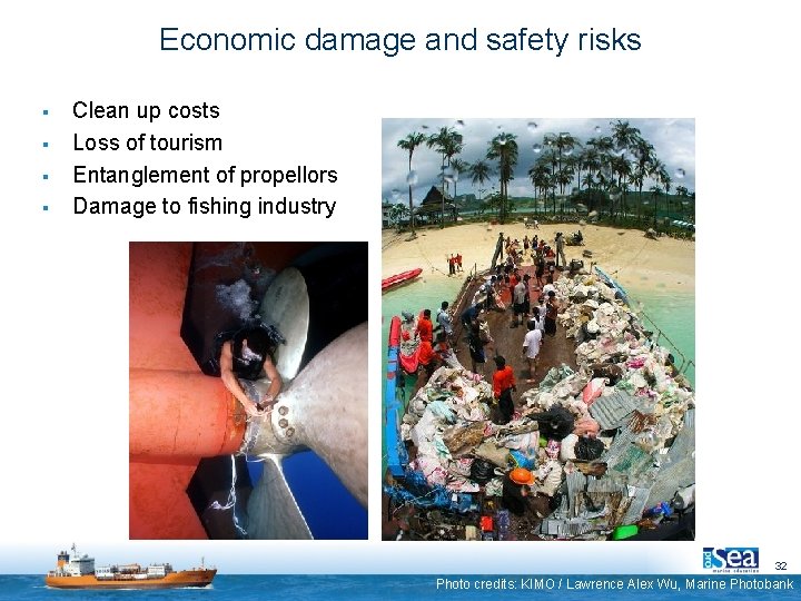 Economic damage and safety risks § § Clean up costs Loss of tourism Entanglement