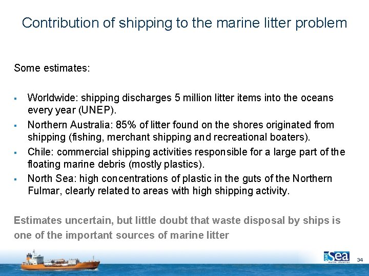 Contribution of shipping to the marine litter problem Some estimates: § § Worldwide: shipping