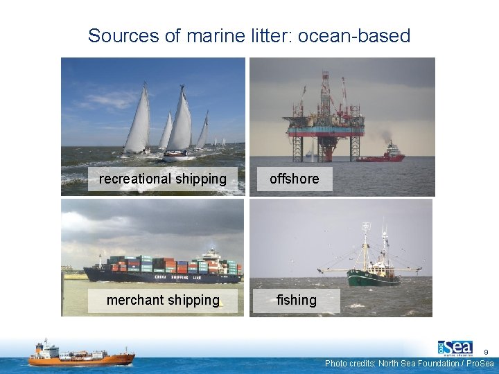 Sources of marine litter: ocean-based recreational shipping offshore merchant shipping fishing 9 Photo credits: