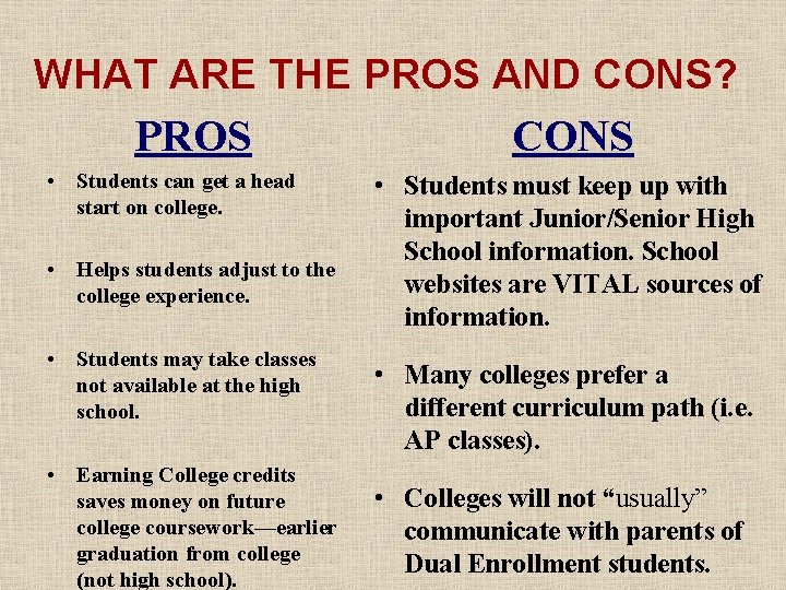 WHAT ARE THE PROS AND CONS? PROS • Students can get a head start