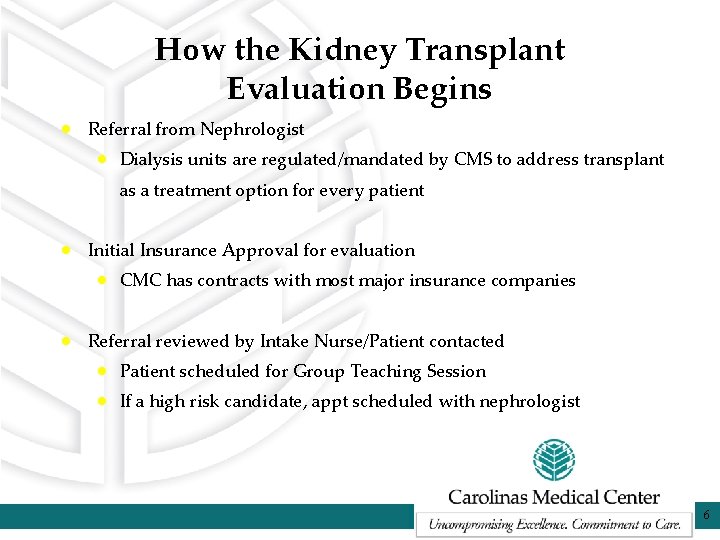 How the Kidney Transplant Evaluation Begins · Referral from Nephrologist · Dialysis units are How the Kidney Transplant Evaluation Begins · Referral from Nephrologist · Dialysis units are