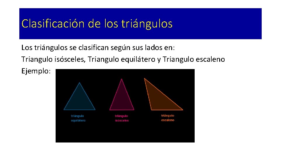 Clasificación de los triángulos Los triángulos se clasifican según sus lados en: Triangulo isósceles, Clasificación de los triángulos Los triángulos se clasifican según sus lados en: Triangulo isósceles,