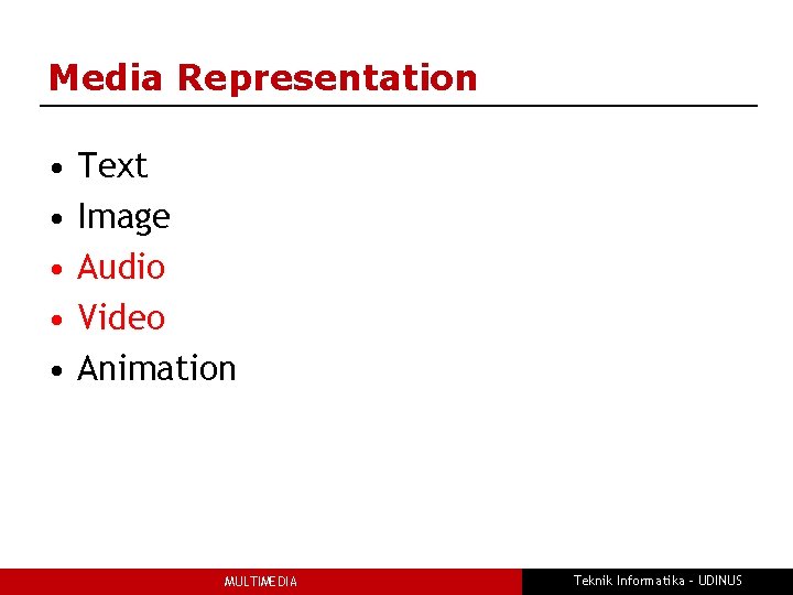 Media Representation • • • Text Image Audio Video Animation MULTIMEDIA Teknik Informatika -