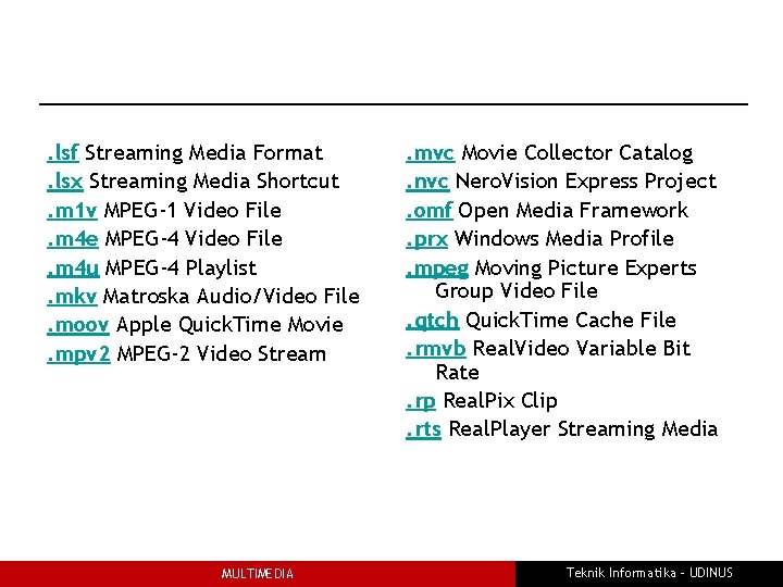 . lsf Streaming Media Format . lsx Streaming Media Shortcut . m 1 v