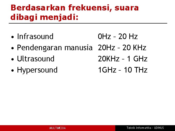 Berdasarkan frekuensi, suara dibagi menjadi: • • Infrasound 0 Hz – 20 Hz Pendengaran