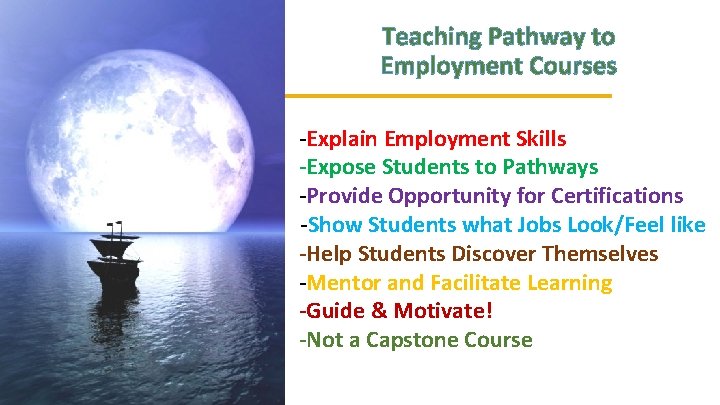 Teaching Pathway to Employment Courses -Explain Employment Skills -Expose Students to Pathways -Provide Opportunity Teaching Pathway to Employment Courses -Explain Employment Skills -Expose Students to Pathways -Provide Opportunity