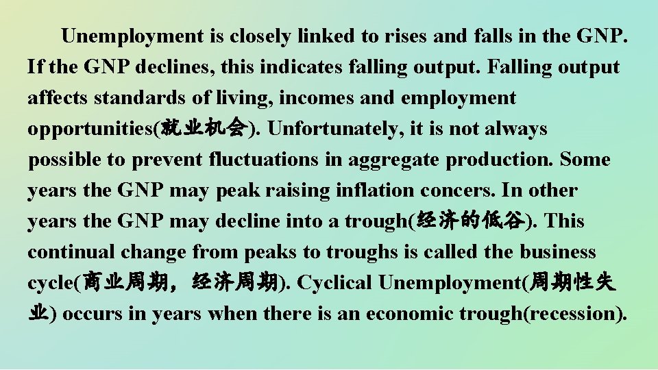 Unemployment is closely linked to rises and falls in the GNP. If the GNP