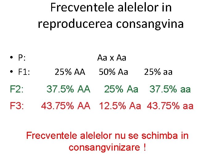 Frecventele alelelor in reproducerea consangvina • P: • F 1: F 2: F 3: