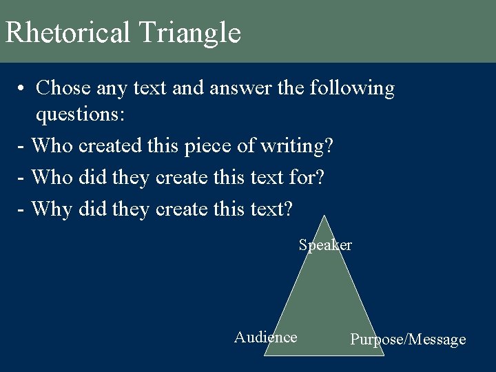 Rhetorical Triangle • Chose any text and answer the following questions: - Who created