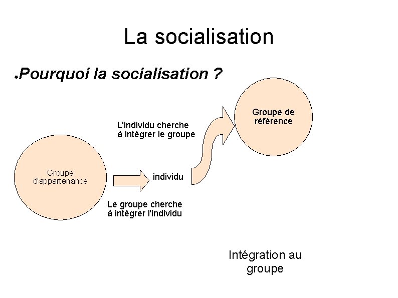 La socialisation ● Pourquoi la socialisation ? L'individu cherche à intégrer le groupe Groupe