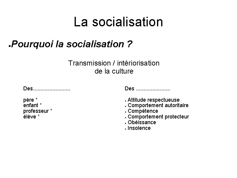 La socialisation ● Pourquoi la socialisation ? Transmission / intériorisation de la culture Des.