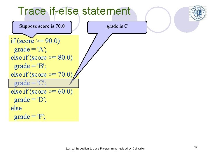 Trace if-else statement Suppose score is 70. 0 grade is C if (score >=