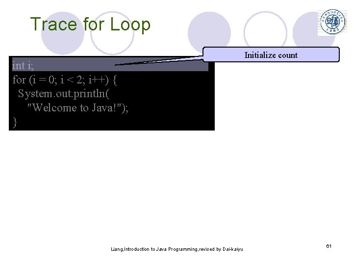 Trace for Loop int i; for (i = 0; i < 2; i++) {