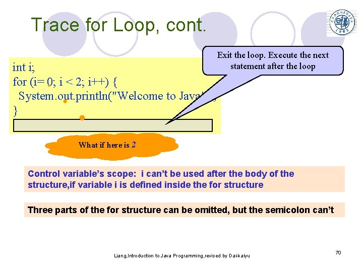 Trace for Loop, cont. Exit the loop. Execute the next statement after the loop