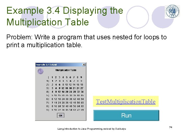 Example 3. 4 Displaying the Multiplication Table Problem: Write a program that uses nested