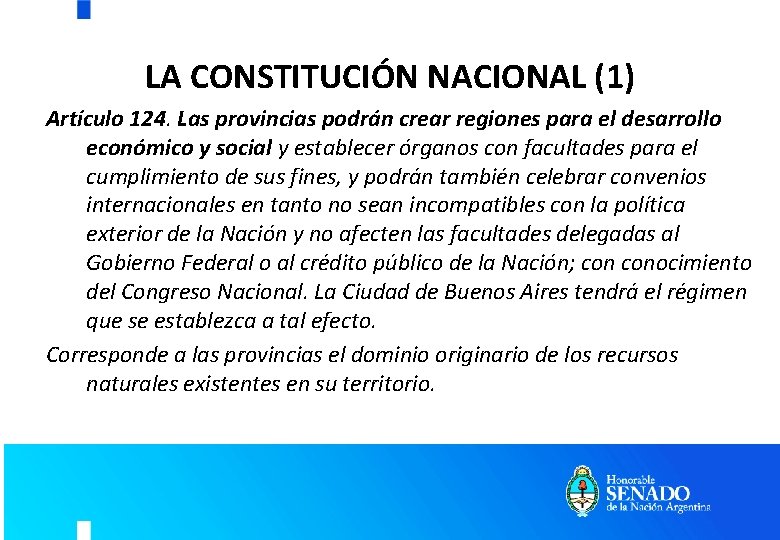 LA CONSTITUCIÓN NACIONAL (1) Artículo 124. Las provincias podrán crear regiones para el desarrollo LA CONSTITUCIÓN NACIONAL (1) Artículo 124. Las provincias podrán crear regiones para el desarrollo
