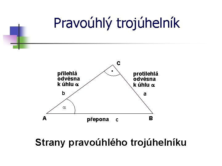 Pravoúhlý trojúhelník · přilehlá odvěsna k úhlu a C protilehlá odvěsna k úhlu a