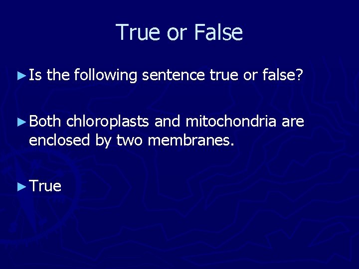 True or False ► Is the following sentence true or false? ► Both chloroplasts