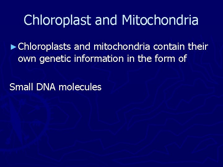 Chloroplast and Mitochondria ► Chloroplasts and mitochondria contain their own genetic information in the