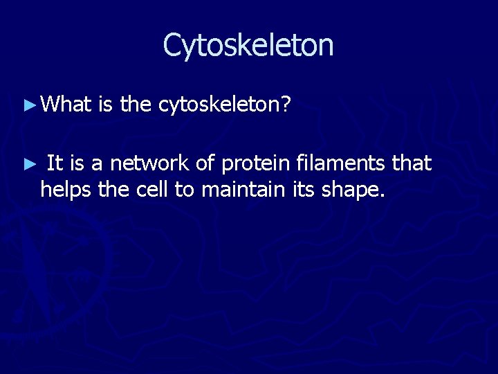 Cytoskeleton ► What ► is the cytoskeleton? It is a network of protein filaments