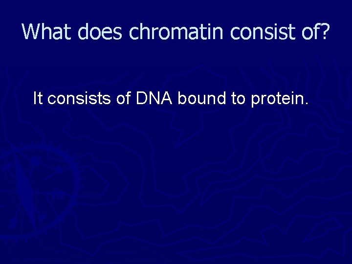 What does chromatin consist of? It consists of DNA bound to protein. 
