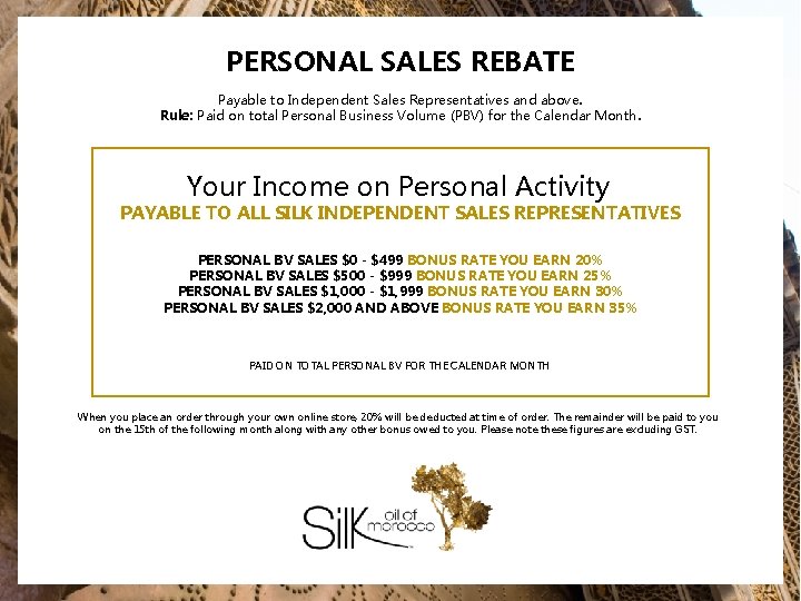 PERSONAL SALES REBATE Payable to Independent Sales Representatives and above. Rule: Paid on total