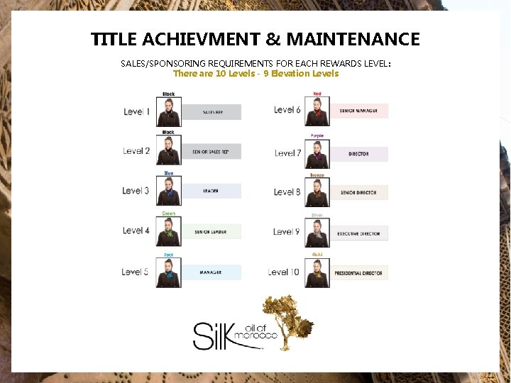 TITLE ACHIEVMENT & MAINTENANCE SALES/SPONSORING REQUIREMENTS FOR EACH REWARDS LEVEL: There are 10 Levels