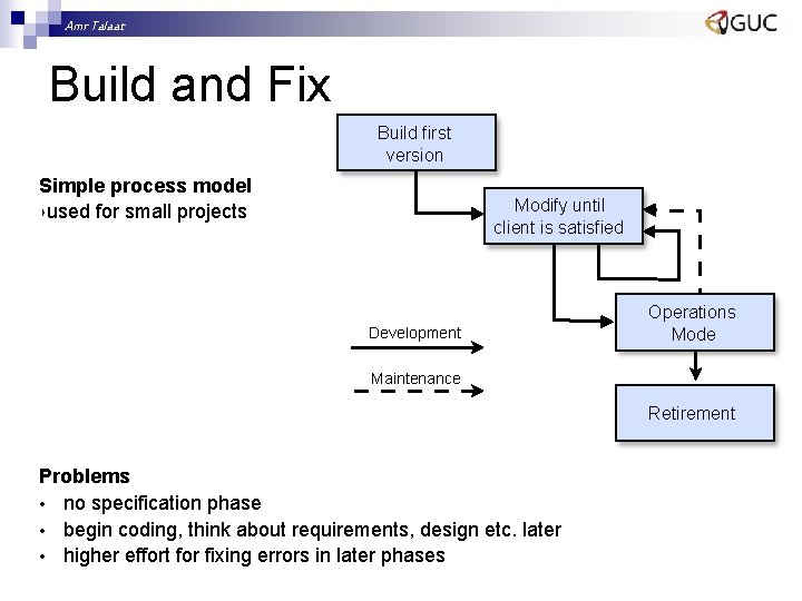 Amr Talaat Build and Fix Build first version Simple process model ‣used for small