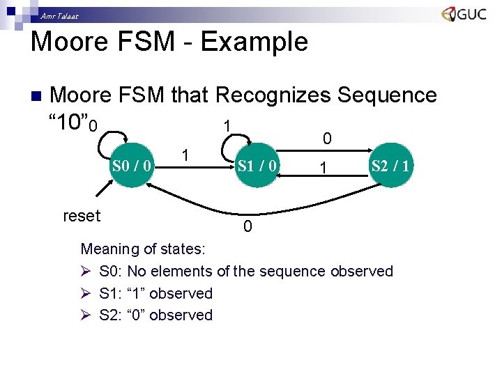 Amr Talaat Moore FSM - Example n Moore FSM that Recognizes Sequence “ 10”