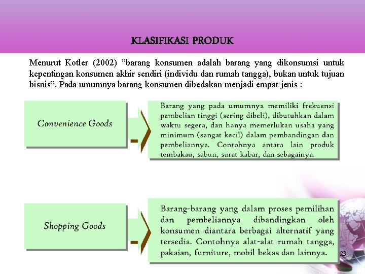 KLASIFIKASI PRODUK Menurut Kotler (2002) ”barang konsumen adalah barang yang dikonsumsi untuk kepentingan konsumen