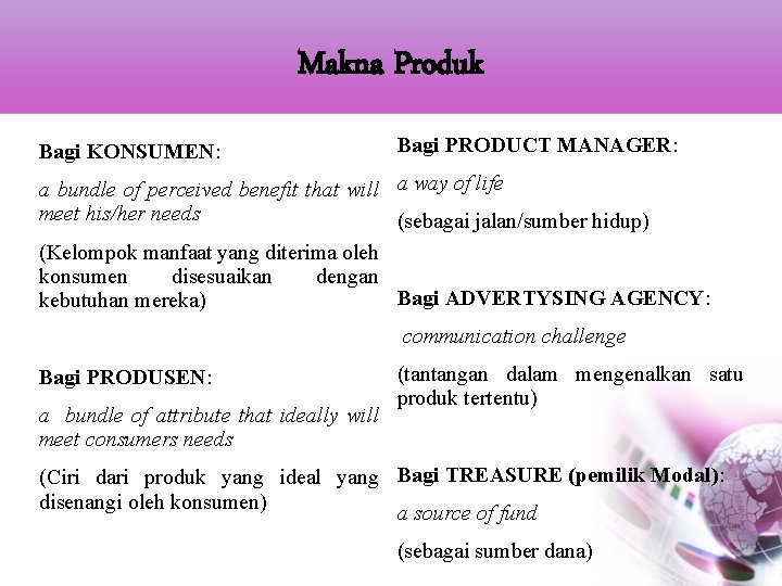 Makna Produk Bagi KONSUMEN: Bagi PRODUCT MANAGER: a bundle of perceived benefit that will