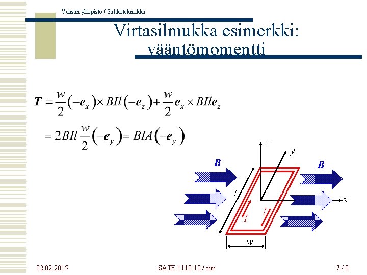 Vaasan yliopisto / Sähkötekniikka Virtasilmukka esimerkki: vääntömomentti z B y B l x I