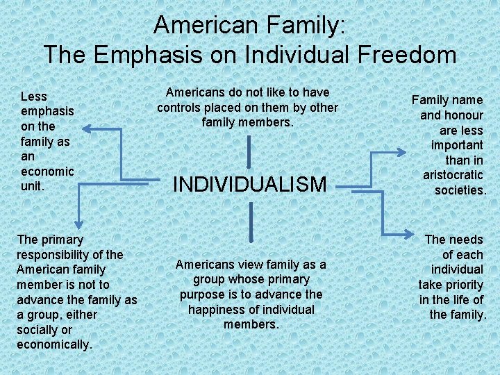 American Family: The Emphasis on Individual Freedom Less emphasis on the family as an