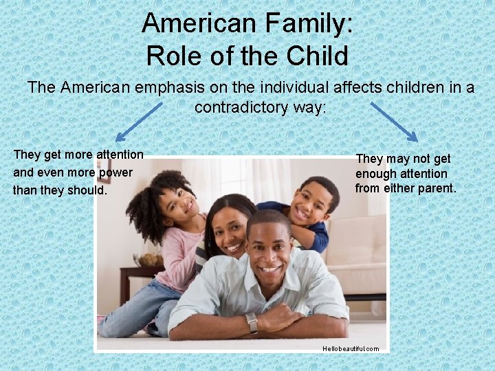 American Family: Role of the Child The American emphasis on the individual affects children American Family: Role of the Child The American emphasis on the individual affects children