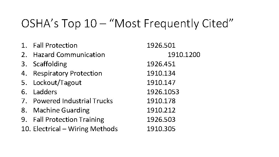 OSHA’s Top 10 – “Most Frequently Cited” 1. Fall Protection 2. Hazard Communication 3. OSHA’s Top 10 – “Most Frequently Cited” 1. Fall Protection 2. Hazard Communication 3.
