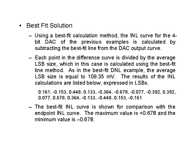  • Best Fit Solution – Using a best-fit calculation method, the INL curve