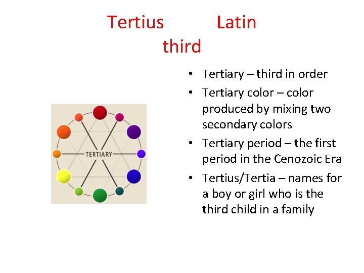 Tertius Latin third • Tertiary – third in order • Tertiary color – color