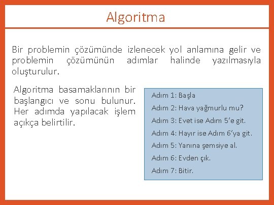 Algoritma Bir problemin çözümünde izlenecek yol anlamına gelir ve problemin çözümünün adımlar halinde yazılmasıyla